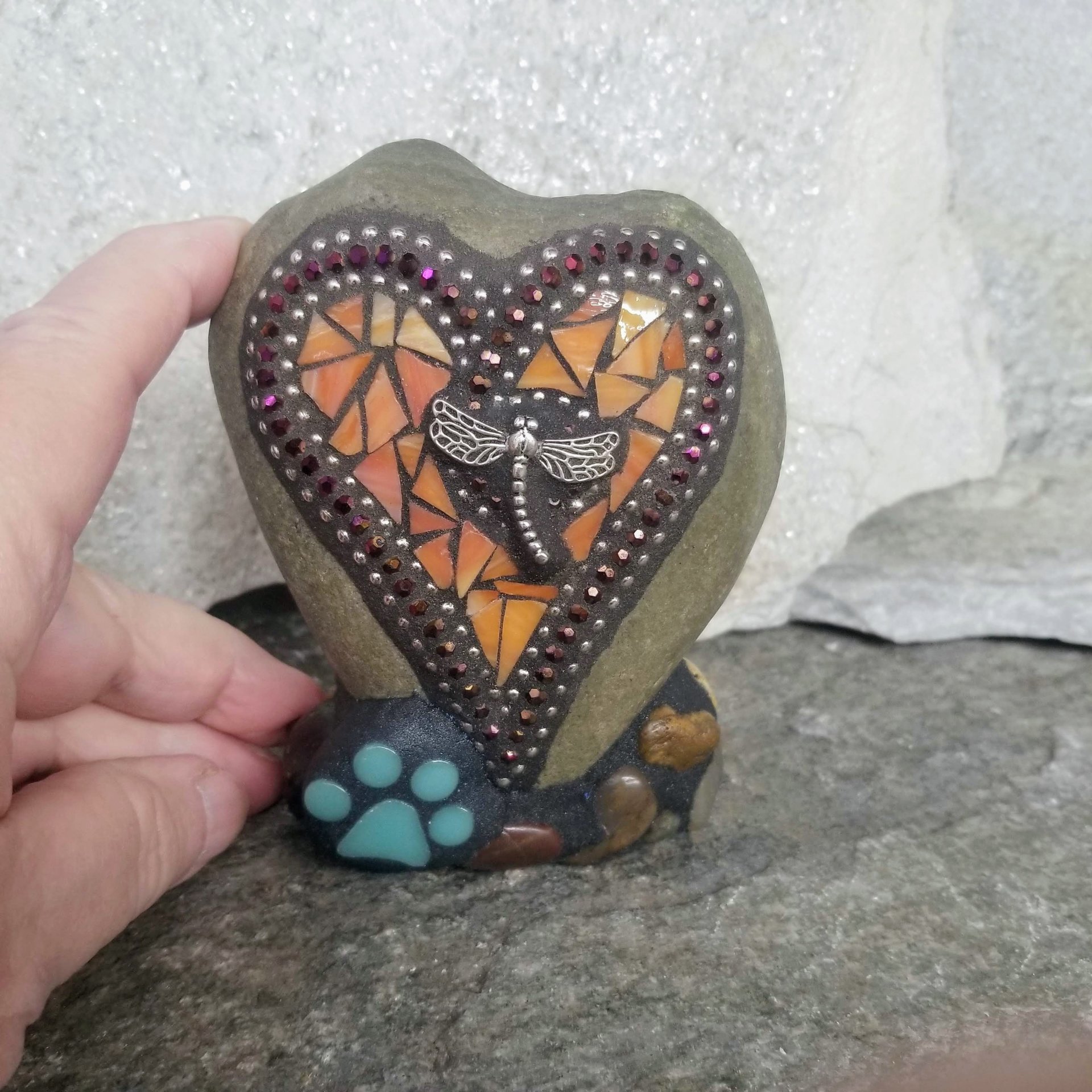 Orange Mosaic Heart Pet Memorial w/Dragonfly