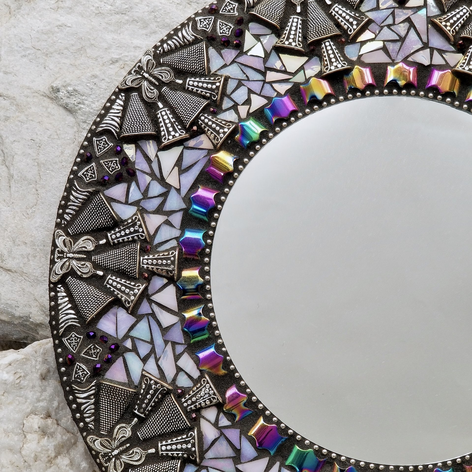 Iridescent Lavender Round Mosaic Mirror, Home Decor
