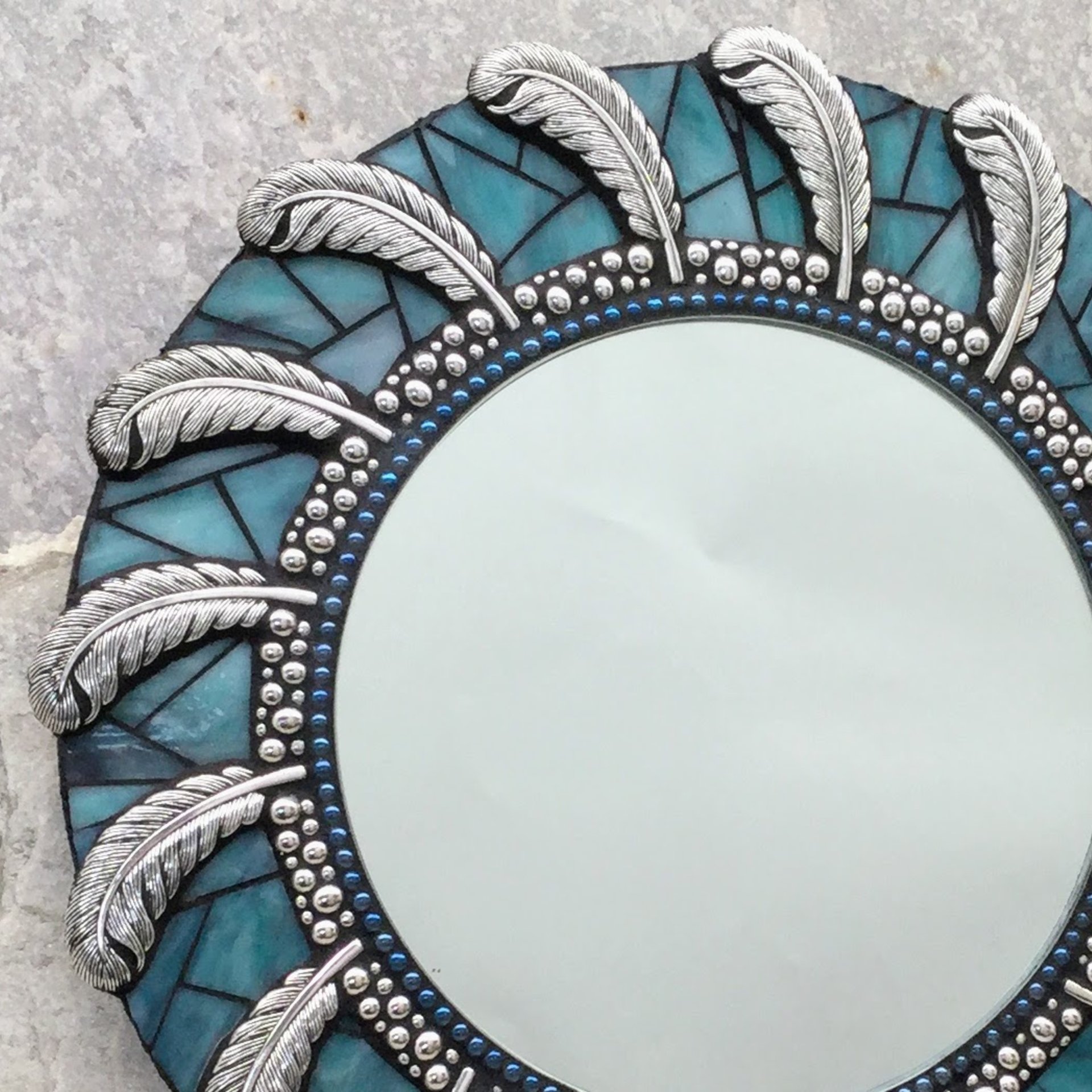Teal Blue Feather Round Mosaic Mirror, Home Decor