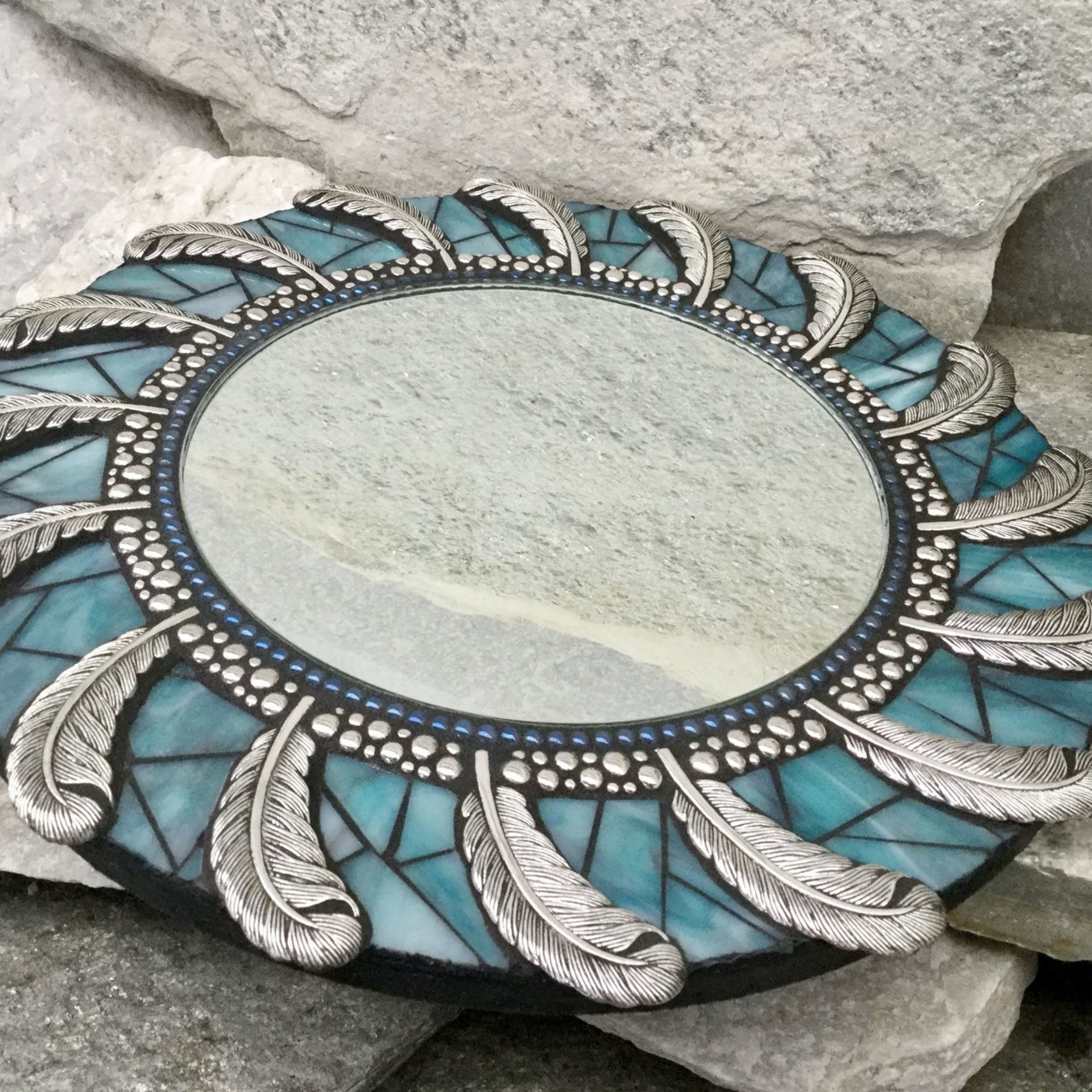 Teal Blue Feather Round Mosaic Mirror, Home Decor