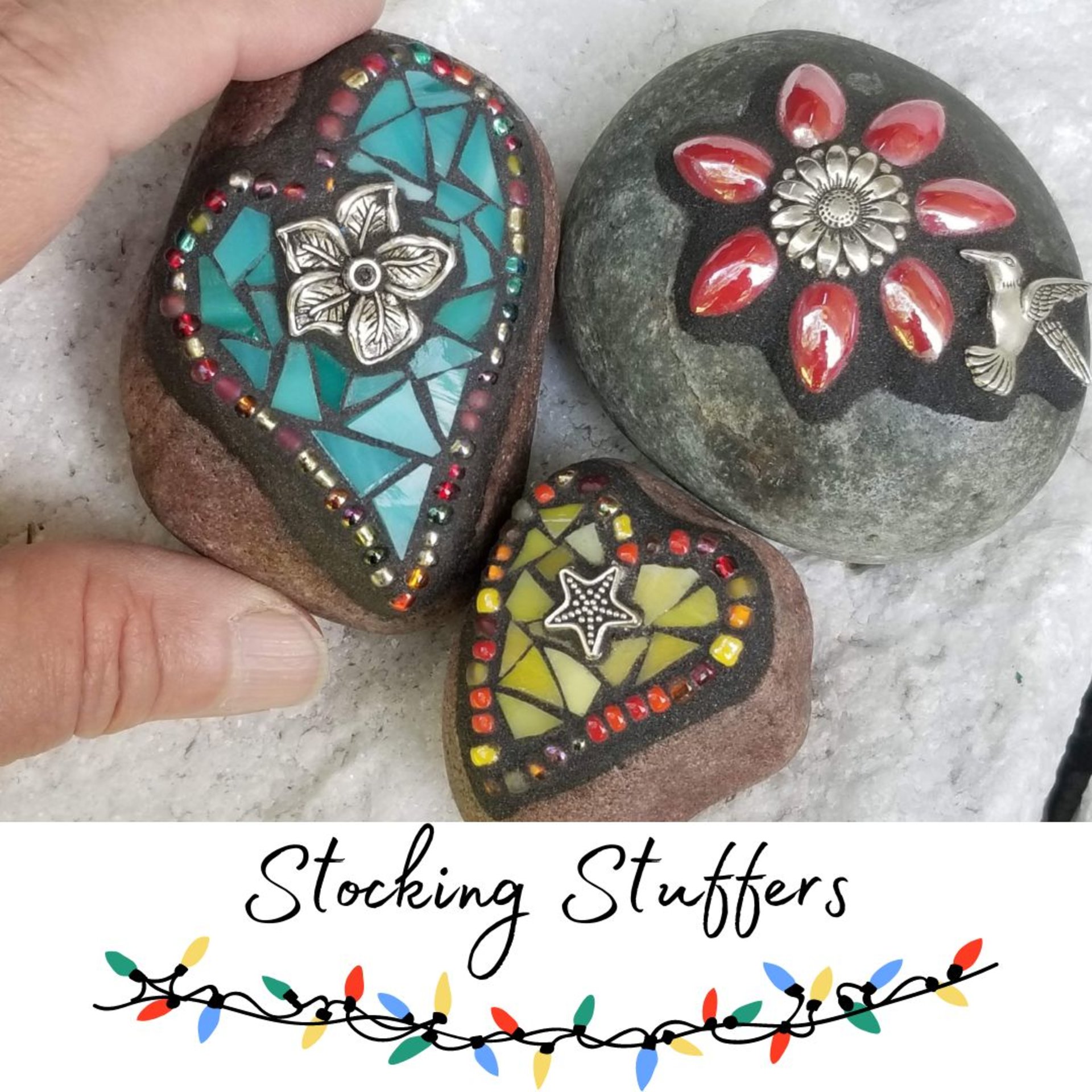 Mosaic Garden Stone Paperweights, Secret Santa Stocking Stuffer, #2 Group Mosaic Heart and Rocks,   