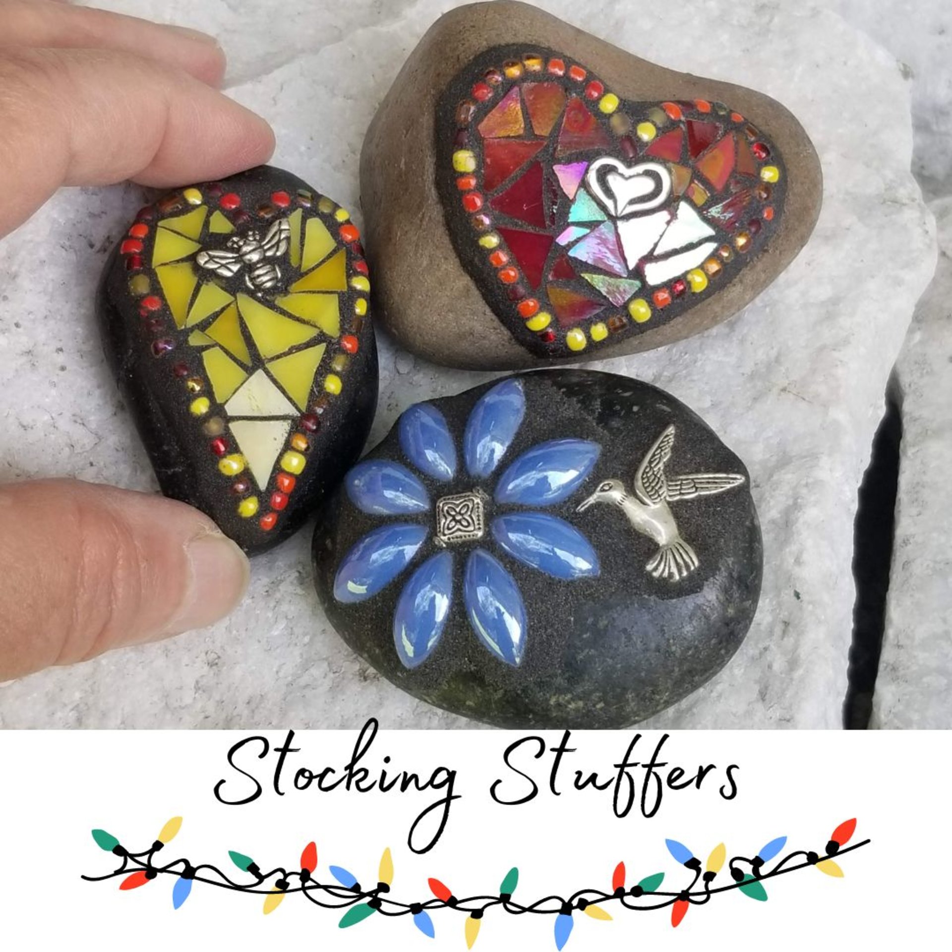 Mosaic Garden Stone Paperweights, Secret Santa Stocking Stuffer, #3 Group Mosaic Heart and Rocks,   