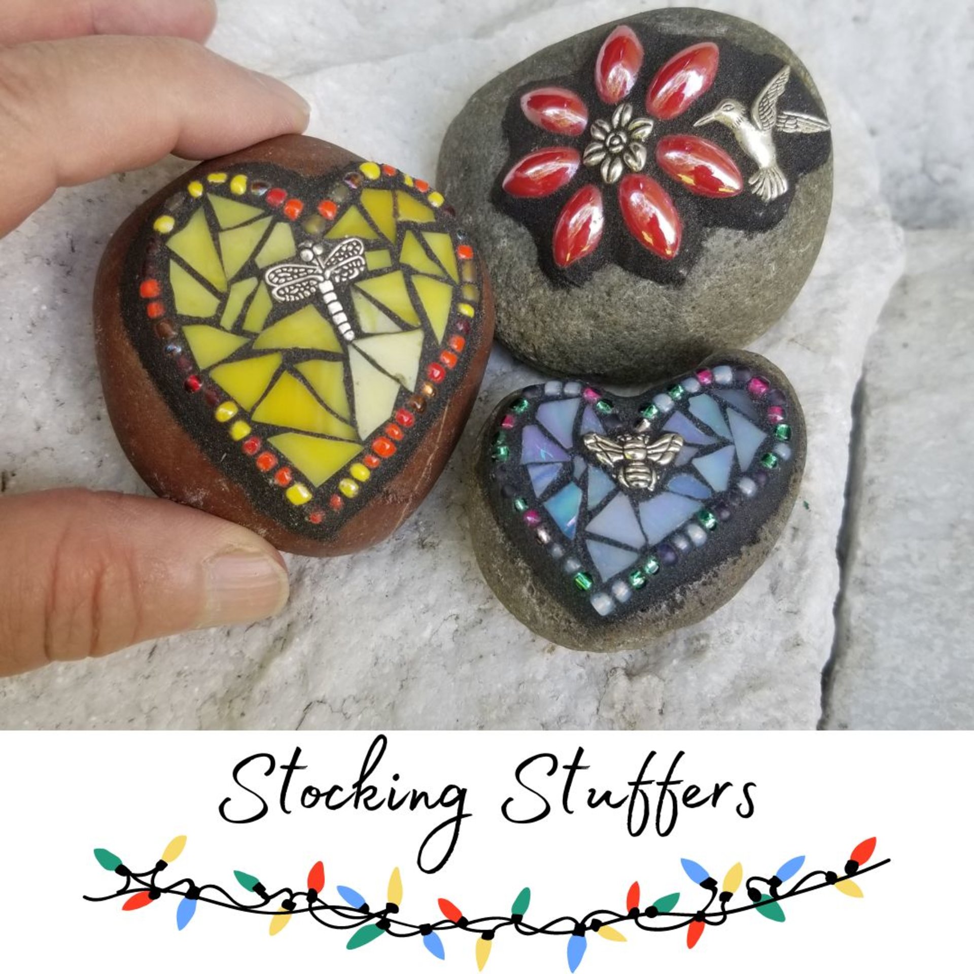 Mosaic Garden Stone Paperweights, Secret Santa Stocking Stuffer, #1 Group Mosaic Heart and Rocks 