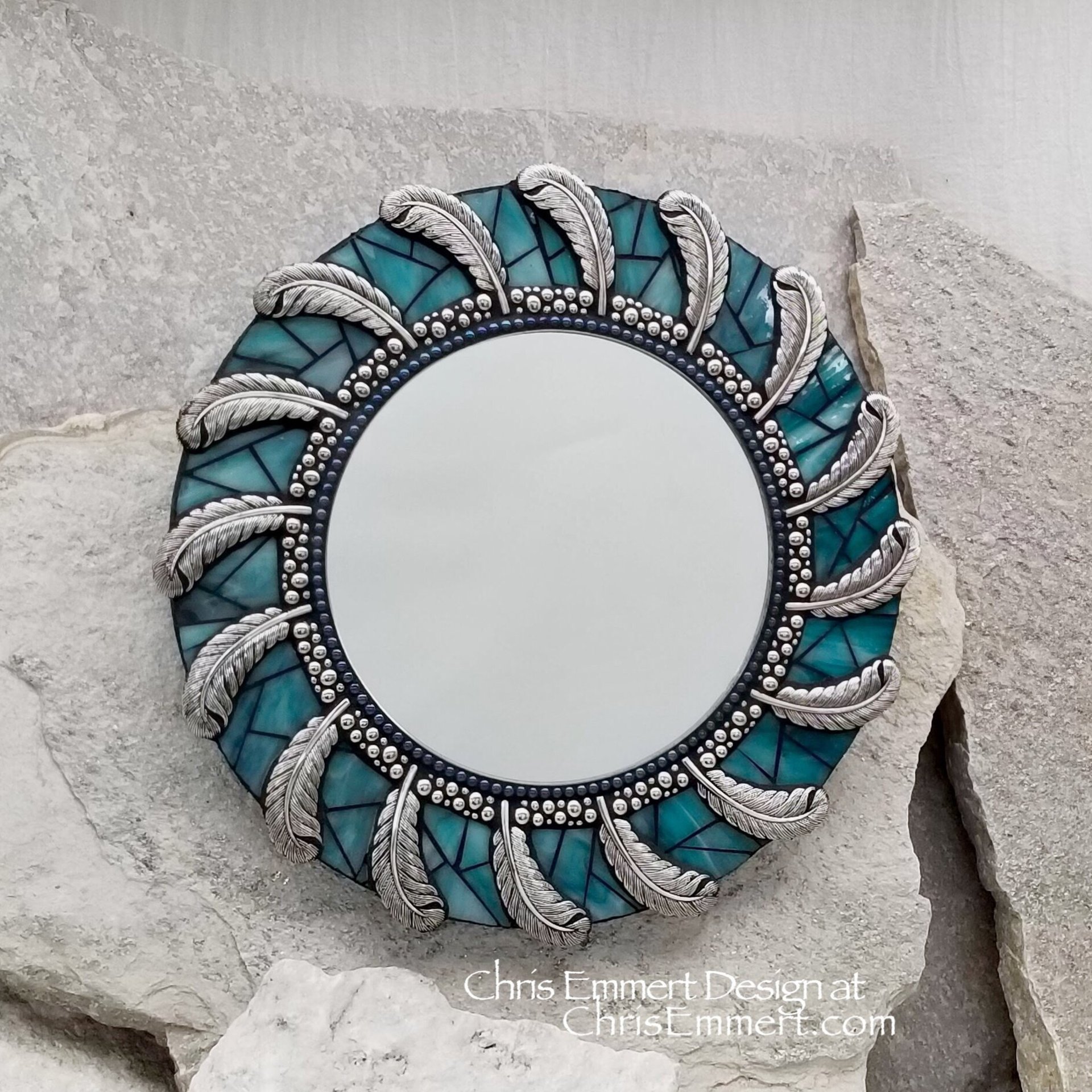 Teal Blue Feather Round Mosaic Mirror, Home Decor