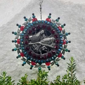 Pewter Birds Mosaic Garden Spinner, Teal /Red Rays, Home Decor, Garden Decor, Gardening Gift,