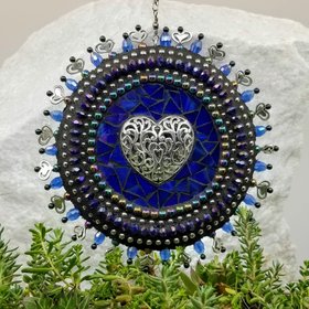 Pewter Heart Mosaic Garden Wind Spinner, Home Decor, Garden Decor Suncatcher, Gardening Gift,