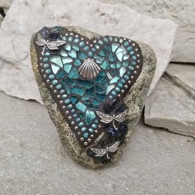 Aquamarine Mosaic Heart Garden Stone, GardnerGift, Garden Decor