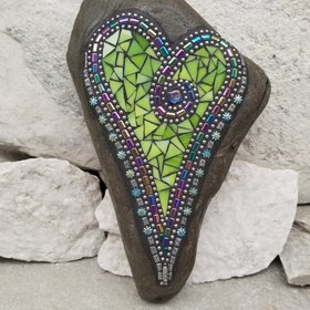 Lime Green Heart Mosaic Garden Stone,  Garden Decor