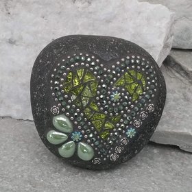 Lime Green Mirror Heart, Garden Stone, Mosaic, Garden Decor