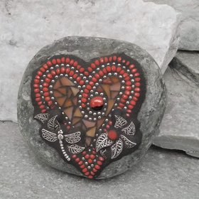 Orange Leaf Heart, Garden Stone, Mosaic, Garden Decor