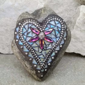 Iridescent Mosaic Heart Garden Stone, GardnerGift, Garden Decor