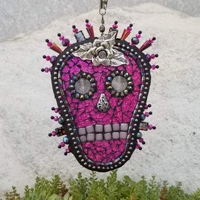 Skull in Dark Pink Mosaic Garden Wind Spinner, Home and Garden Decor, Gardening Gift,