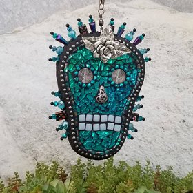 Skull in Blue Mosaic Garden Wind Spinner, Home and Garden Decor, Gardening Gift,