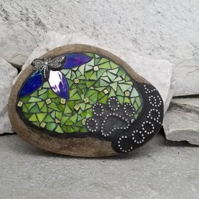 Blue Flower with Lime Green, Black Paw Print - Dragonfly, Garden Stone, Pet Memorial, Garden Decor'