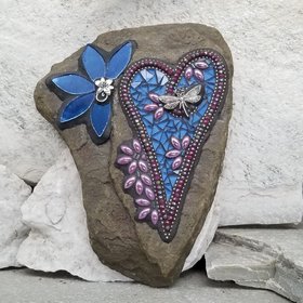 Blue and Purple Mosaic Heart, Garden Stone, Mosaic, Garden Decor, Dragonfly