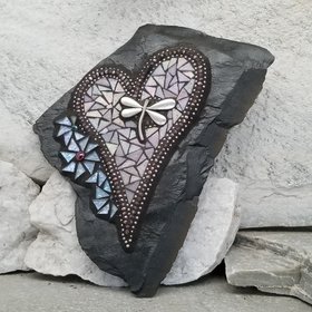 Iridescent pink and Light Lavender Wall Hanging Heart, Mosaic Garden Stone, Porch Decor, Wall Decor, Dragonfly