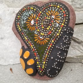 Green Heart with Orange Flowers and Brass Face,  Mosaic Garden Stone