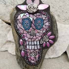 Iridescent Pink Dia de los Muertos / Day of the Dead / Skull Mosaic  / Garden Stone