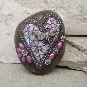 Iridescent Pink Dragonfly Heart, Mosaic Paperweight / Garden Stone