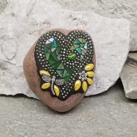 Iridescent Light Green Mosaic Heart Garden Stone, GardnerGift, Garden Decor