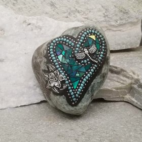 Iridescent Green Dragonfly Heart, Mosaic Paperweight / Garden Stone