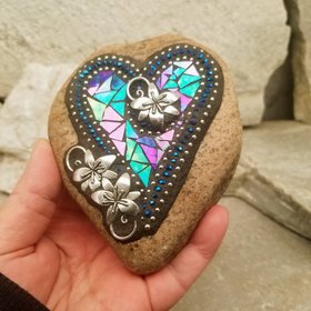 Iridescent Blue Heart, Mosaic Paperweight / Garden Stone