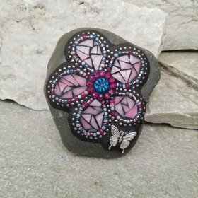Pink Mosaic Flower, Garden Stone, Garden Decor, Home Decor, Gardener Gift