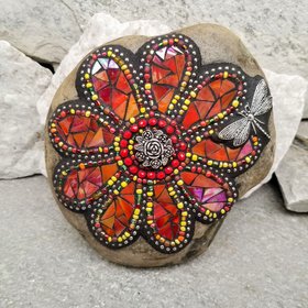 Orange Iridescent Flower, Dragonfly, Garden Stone, Mosaic, Garden Decor