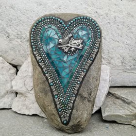 Teal Blue Heart with Birds and Dragonfly Wings, Garden Stone, Mosaic, Garden Decor