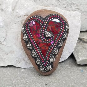 Iridescent Red Heart, Mosaic Paperweight / Garden Stone