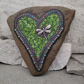 Lime Green Heart with Dragonfly, Garden Stone, Mosaic, Garden Decor