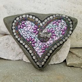 Iridescent Lavender Heart with Dragonfly Mosaic Garden Stone, Garden Decor