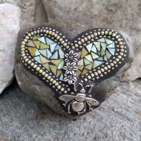 Iridescent Yellow Bee Heart, Mosaic Paperweight / Garden Stone