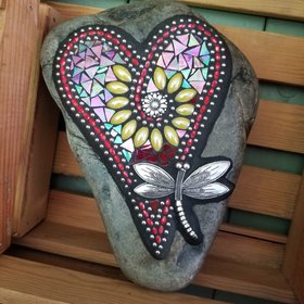 Iridescent Red Mosaic Heart Garden Stone, Mosaic Garden Decor Yellow Flowers