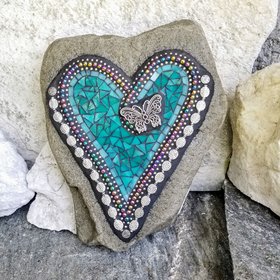 Teal Heart -Mosaic / Garden Stone, Butterfly