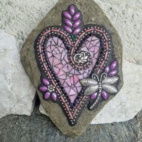 Pink and Purple Flower Mosaic Heart, Garden Stone, Garden Decor