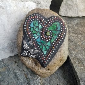 Teal Green Heart Garden Stone, Mosaic, Garden Decor Paperweight