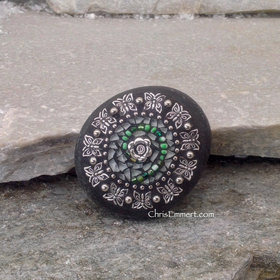 White and Green Circle Swirl - Mosaic Paperweight / Garden Stone