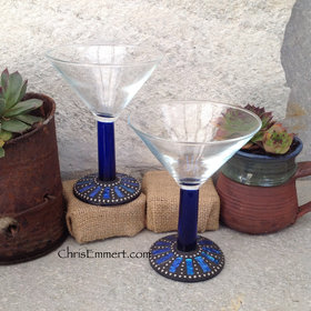 Cobalt Blue and Gold Mosaic Martini Glass Pair