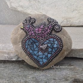 Pink Bird on a Blue Heart Mosaic -Garden Stone