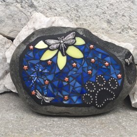 Pet Memorial, Yellow Flower, Orange Stars, Black Paw Print - Dragonfly, Garden Stone, Garden Decor