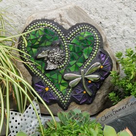 Green / Purple Flowers Dragonfly Mosaic Heart, Mosaic Rock, Mosaic Garden Stone,
