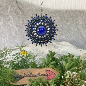 Blue Flower Garden Spinner, Pewter/Red Rays, Home Decor, Garden Decor, Gardening Gift,