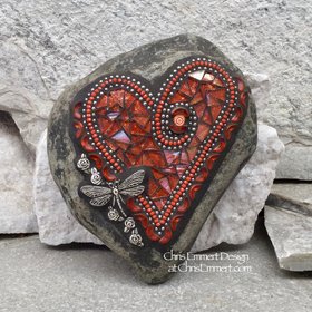 Orange dragonfly mosaic garden stone heart