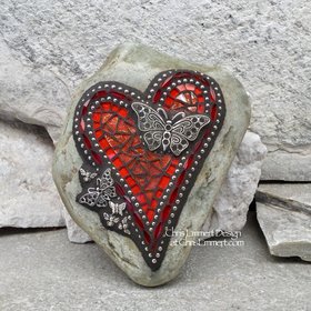 Orange butterfly mosaic garden stone heart