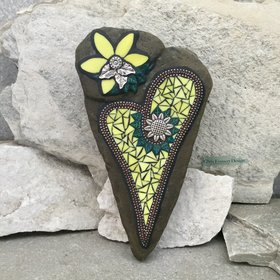 Teal and Yellow Heart, Garden Stone, Mosaic, Garden Decor
