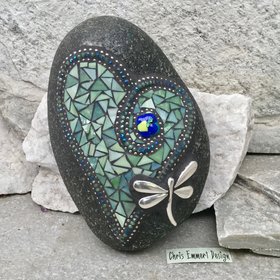 Dragonfly Dusty Green Heart Mosaic Garden Stone