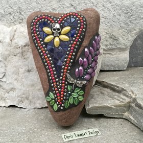 Skull Heart, Mosaic, Garden Stone,  Gardener Gift, Home Decor, Garden Decor, Dragonfly