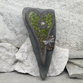 Olive Green Heart with Dragonfly, Garden Stone, Mosaic, Garden Decor