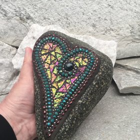 Iridescent Glass Mosaic Heart Garden Stone, Gardner Gift, Garden Decor